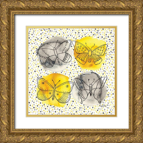 Gray and Yellow Butterflies II Gold Ornate Wood Framed Art Print with Double Matting by Frazer, Amy