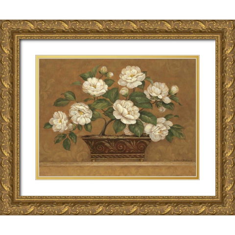 Camellia Tapestry Gold Ornate Wood Framed Art Print with Double Matting by Gladding, Pamela