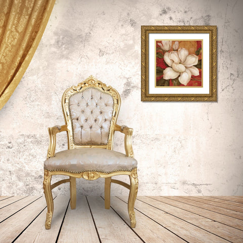 Magnolia on Red I Gold Ornate Wood Framed Art Print with Double Matting by Gladding, Pamela