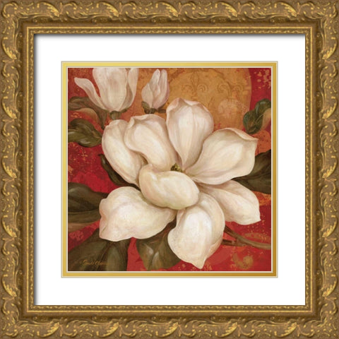 Magnolia on Red I Gold Ornate Wood Framed Art Print with Double Matting by Gladding, Pamela