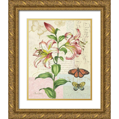 Oripet Lily Collage Gold Ornate Wood Framed Art Print with Double Matting by Gladding, Pamela