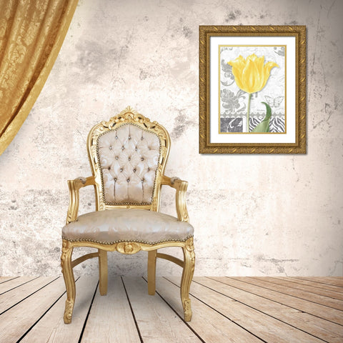 Damask Gray Tulips I Gold Ornate Wood Framed Art Print with Double Matting by Gladding, Pamela