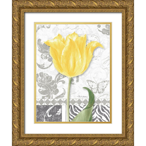 Damask Gray Tulips I Gold Ornate Wood Framed Art Print with Double Matting by Gladding, Pamela