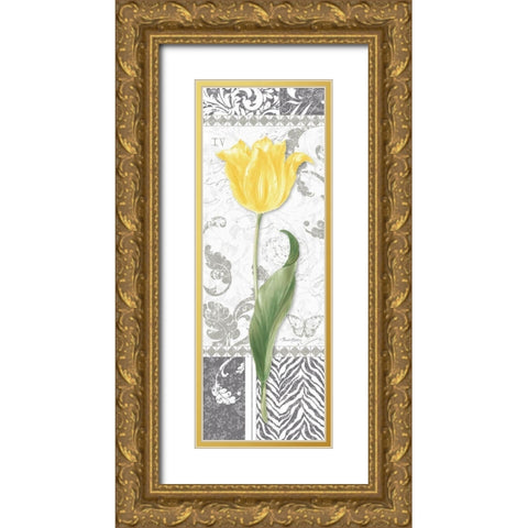 Damask Gray Tulip Panel I Gold Ornate Wood Framed Art Print with Double Matting by Gladding, Pamela