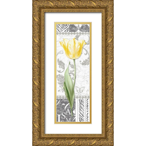 Damask Gray Tulip Panel II Gold Ornate Wood Framed Art Print with Double Matting by Gladding, Pamela