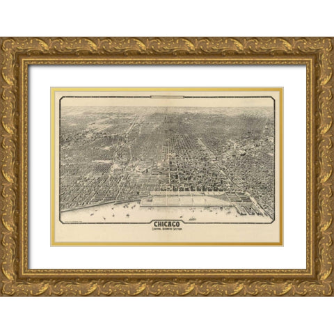 1910 Chicago Map Gold Ornate Wood Framed Art Print with Double Matting by Harbick, N.