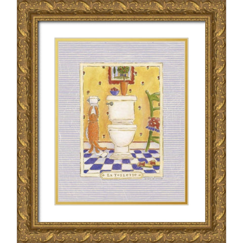 Kitty Toilette Gold Ornate Wood Framed Art Print with Double Matting by McCollum, Sudi