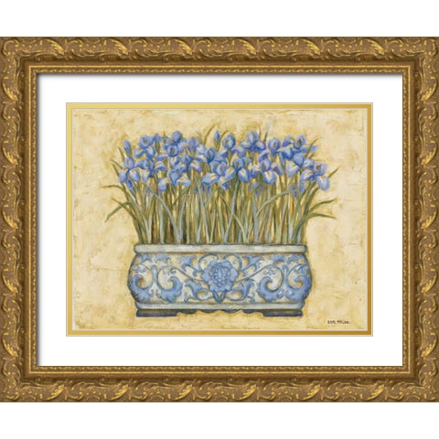 Blue Irises Gold Ornate Wood Framed Art Print with Double Matting by Misa, Eva