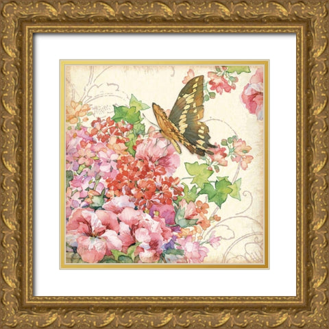 Geranium and Butterflies Gold Ornate Wood Framed Art Print with Double Matting by Paton, Julie