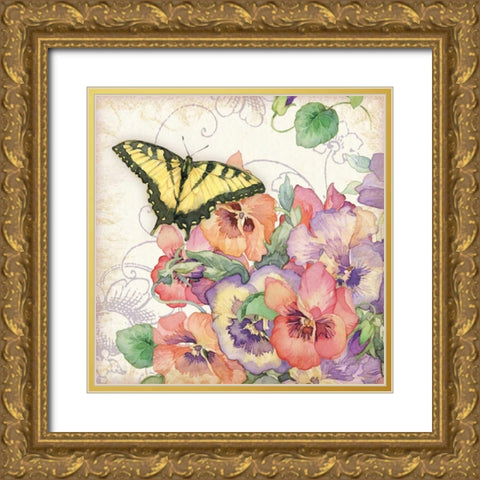 Pansies and Butterflies Gold Ornate Wood Framed Art Print with Double Matting by Paton, Julie