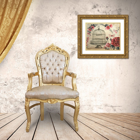 Birdcage and Blossoms Gold Ornate Wood Framed Art Print with Double Matting by Poloson, Kimberly