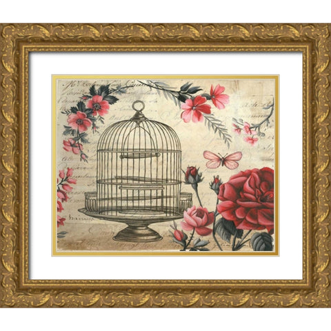 Birdcage and Blossoms Gold Ornate Wood Framed Art Print with Double Matting by Poloson, Kimberly