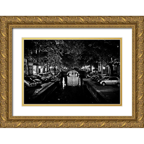 B and W Canal at Night I Gold Ornate Wood Framed Art Print with Double Matting by Berzel, Erin