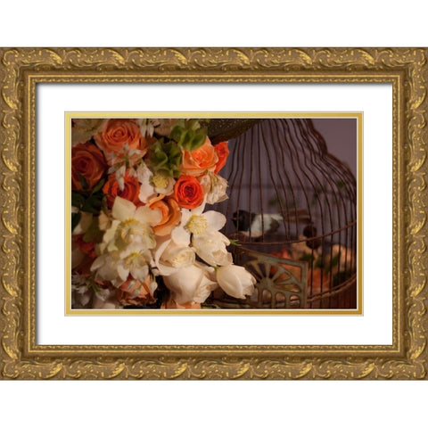 Flowers and Bird Cage I Gold Ornate Wood Framed Art Print with Double Matting by Crane, Rita