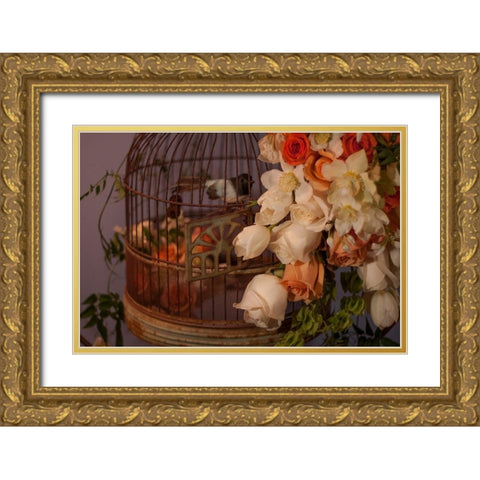 Flowers and Bird Cage II Gold Ornate Wood Framed Art Print with Double Matting by Crane, Rita