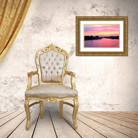 Columbia River Sunrise Gold Ornate Wood Framed Art Print with Double Matting by Hellmann, Stan