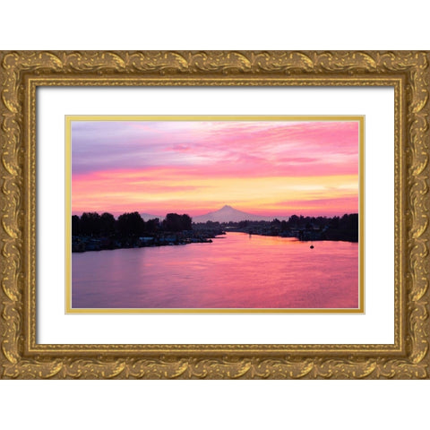 Columbia River Sunrise Gold Ornate Wood Framed Art Print with Double Matting by Hellmann, Stan
