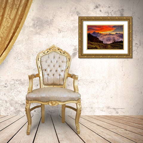 Mountain Cloud Sunset Gold Ornate Wood Framed Art Print with Double Matting by Malvin, Larry