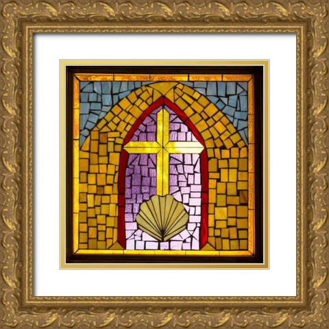 Stained Glass Cross VI Gold Ornate Wood Framed Art Print with Double Matting by Mahan, Kathy