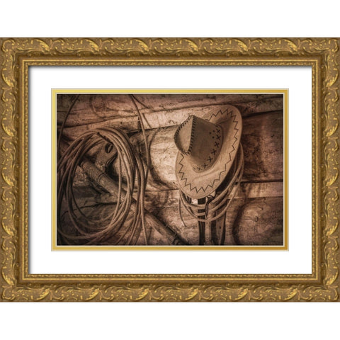 Cowboy Hat and Rope Gold Ornate Wood Framed Art Print with Double Matting by Mahan, Kathy