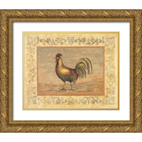 Rooster Gold Ornate Wood Framed Art Print with Double Matting by Schippel, Banafshe