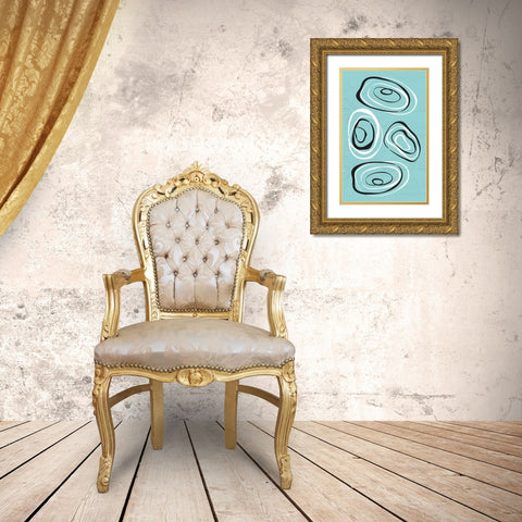 Water Circles Cyan Gold Ornate Wood Framed Art Print with Double Matting by Aesthete