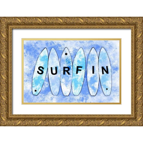 Surfin Blue Gold Ornate Wood Framed Art Print with Double Matting by Aesthete