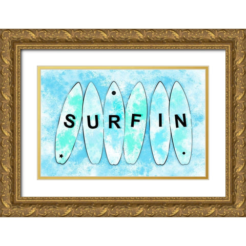 Surfin Cyan Gold Ornate Wood Framed Art Print with Double Matting by Aesthete