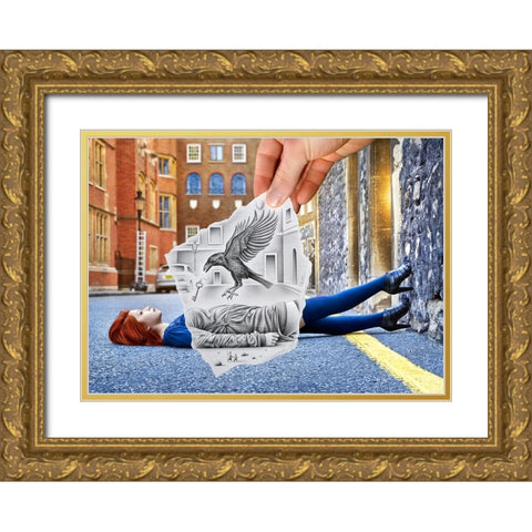 Pencil Vs Camera 57 - Crow and Girl Gold Ornate Wood Framed Art Print with Double Matting by Heine, Ben