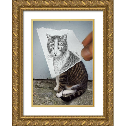 Pencil Vs Camera 6 - 4 Eyes Cat Gold Ornate Wood Framed Art Print with Double Matting by Heine, Ben