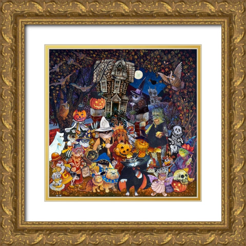 Cats and Dogs Halloween Gold Ornate Wood Framed Art Print with Double Matting by Bell, Bill