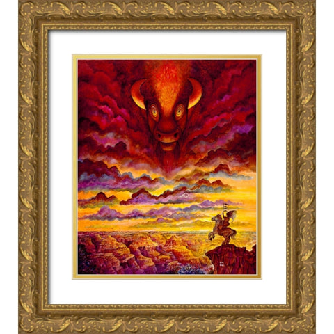 Raging Buffalo Gold Ornate Wood Framed Art Print with Double Matting by Bell, Bill