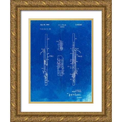 PP392-Faded Blueprint Bassoon Patent Poster Gold Ornate Wood Framed Art Print with Double Matting by Borders, Cole