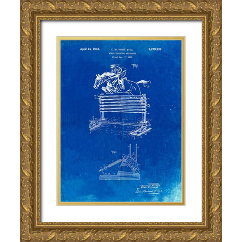 PP507-Faded Blueprint Equestrian Training Oxer Patent Poster Gold Ornate Wood Framed Art Print with Double Matting by Borders, Cole