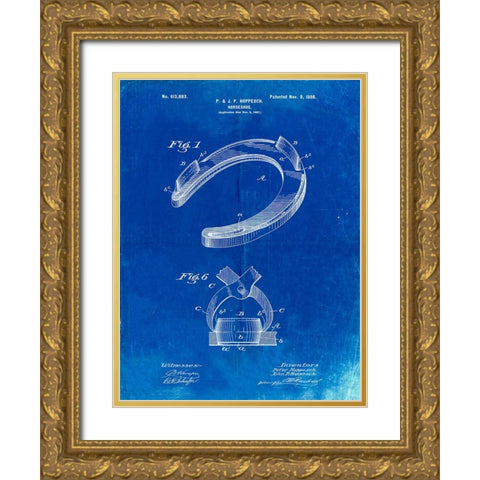 PP523-Faded Blueprint Horseshoe Patent Poster Gold Ornate Wood Framed Art Print with Double Matting by Borders, Cole
