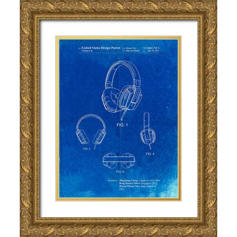 PP550-Faded Blueprint Headphones Patent Poster Gold Ornate Wood Framed Art Print with Double Matting by Borders, Cole