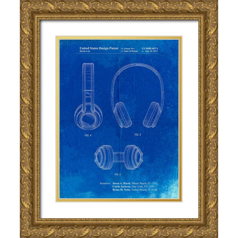 PP596-Faded Blueprint Bluetooth Headphones Patent Poster Gold Ornate Wood Framed Art Print with Double Matting by Borders, Cole