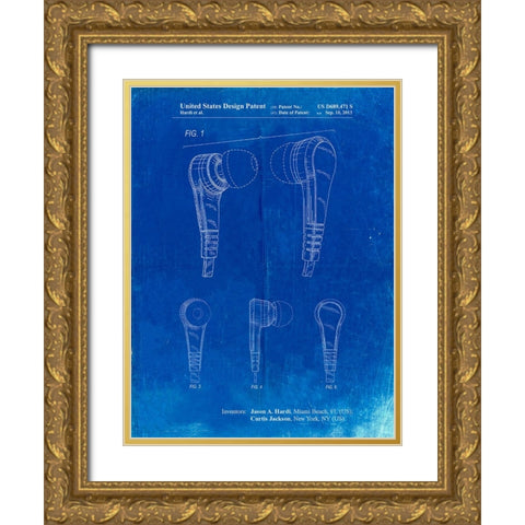 PP686-Faded Blueprint Ear Buds Patent Poster Gold Ornate Wood Framed Art Print with Double Matting by Borders, Cole