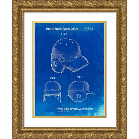 PP716-Faded Blueprint Baseball Helmet Patent Poster Gold Ornate Wood Framed Art Print with Double Matting by Borders, Cole