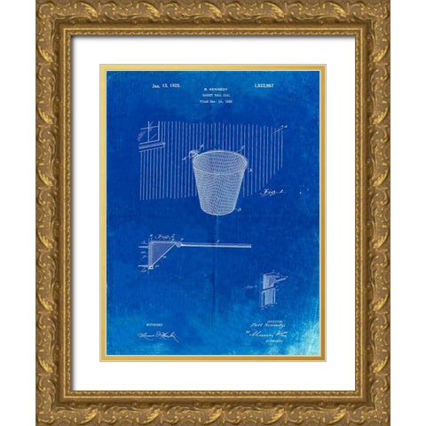 PP717-Faded Blueprint Basketball Goal Patent Poster Gold Ornate Wood Framed Art Print with Double Matting by Borders, Cole