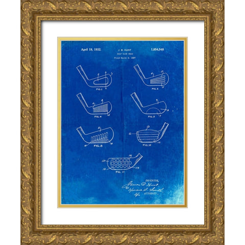 PP857-Faded Blueprint Golf Club Head Patent Poster Gold Ornate Wood Framed Art Print with Double Matting by Borders, Cole