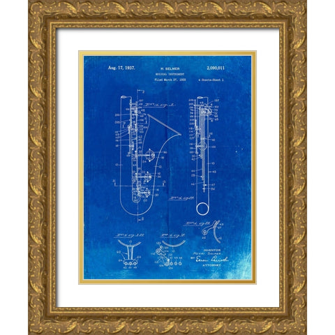PP156- Faded Blueprint Selmer 1937 Saxophone Poster Gold Ornate Wood Framed Art Print with Double Matting by Borders, Cole