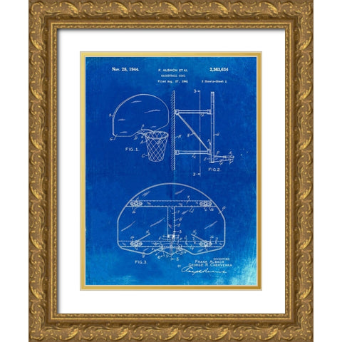 PP381-Faded Blueprint Basketball Goal Patent Print Gold Ornate Wood Framed Art Print with Double Matting by Borders, Cole
