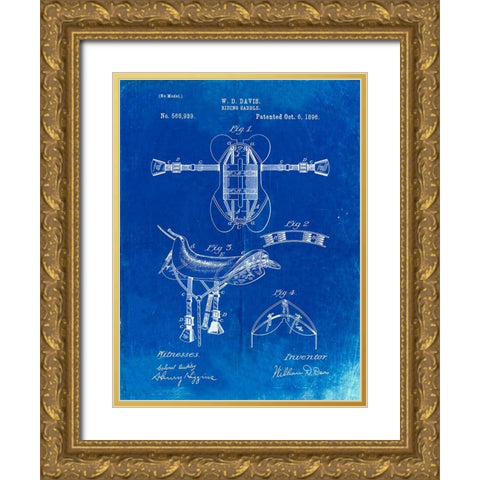 PP444-Faded Blueprint Horse Saddle Patent Poster Gold Ornate Wood Framed Art Print with Double Matting by Borders, Cole
