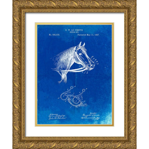 PP611-Faded Blueprint Horse Bridle Bit Poster Gold Ornate Wood Framed Art Print with Double Matting by Borders, Cole