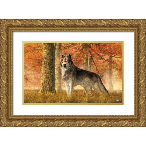 A Wolf In Autumn Gold Ornate Wood Framed Art Print with Double Matting by Eskridge, Daniel