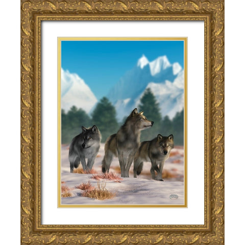 Three Wolves Gold Ornate Wood Framed Art Print with Double Matting by Eskridge, Daniel