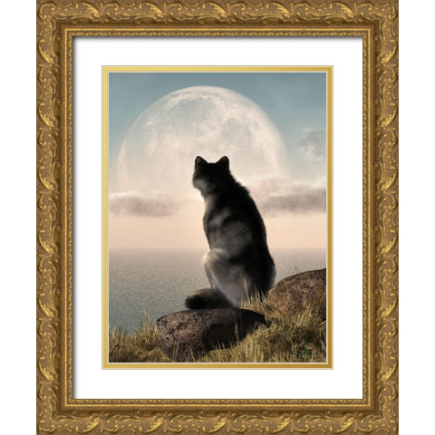 Wolf Watching The Moonrise Gold Ornate Wood Framed Art Print with Double Matting by Eskridge, Daniel