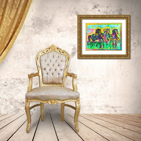 Three Horses Gold Ornate Wood Framed Art Print with Double Matting by Dean Russo Collection