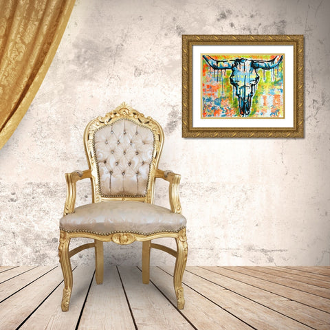 Bull Skull Gold Ornate Wood Framed Art Print with Double Matting by Dean Russo Collection
